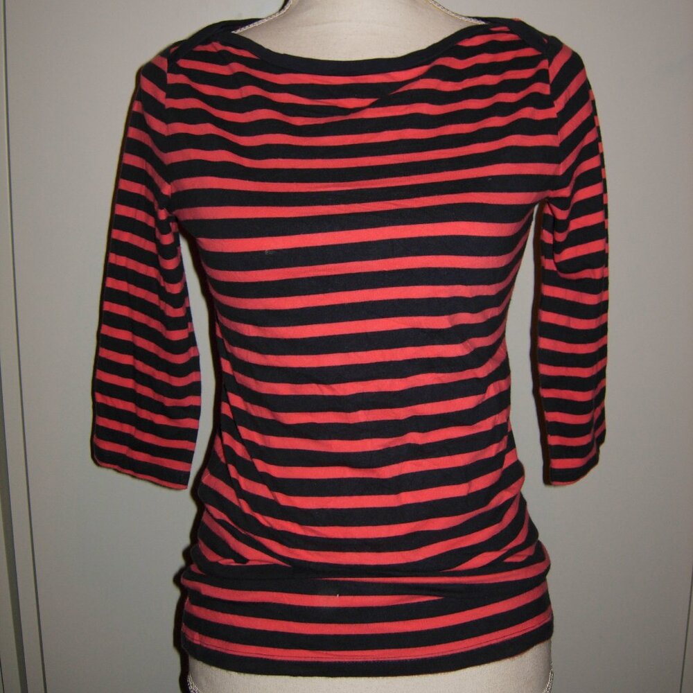 Ann Taylor Navy Pink Striped Boat Neck Top S